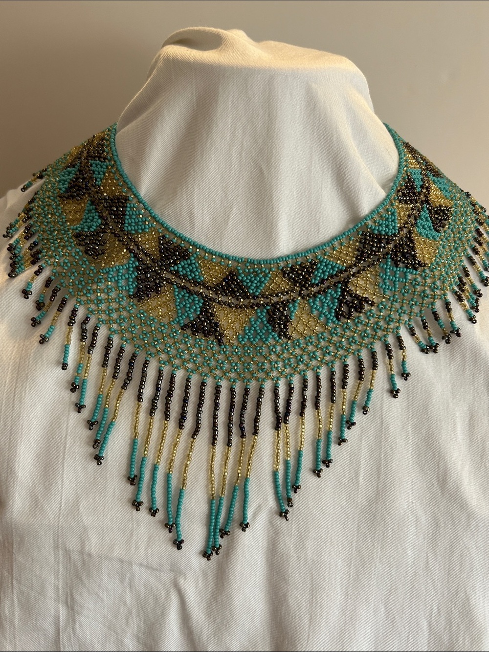 Turquoise, Gold & Black Beaded Fringe Collar Necklace